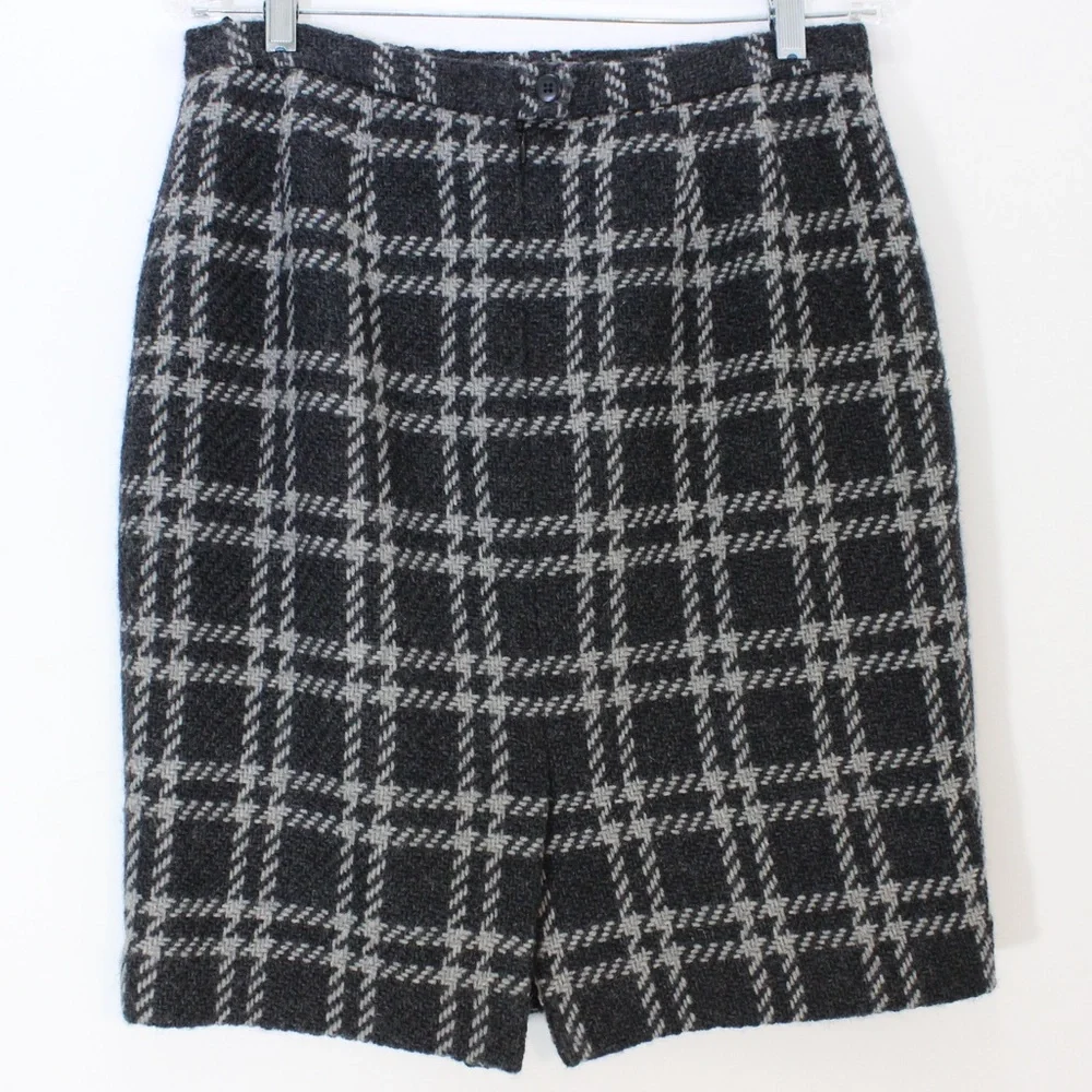 Vintage Dark Academia 90s 100% Wool Plaid Check Grey Gray Mini Skirt - Picture 2 of 10